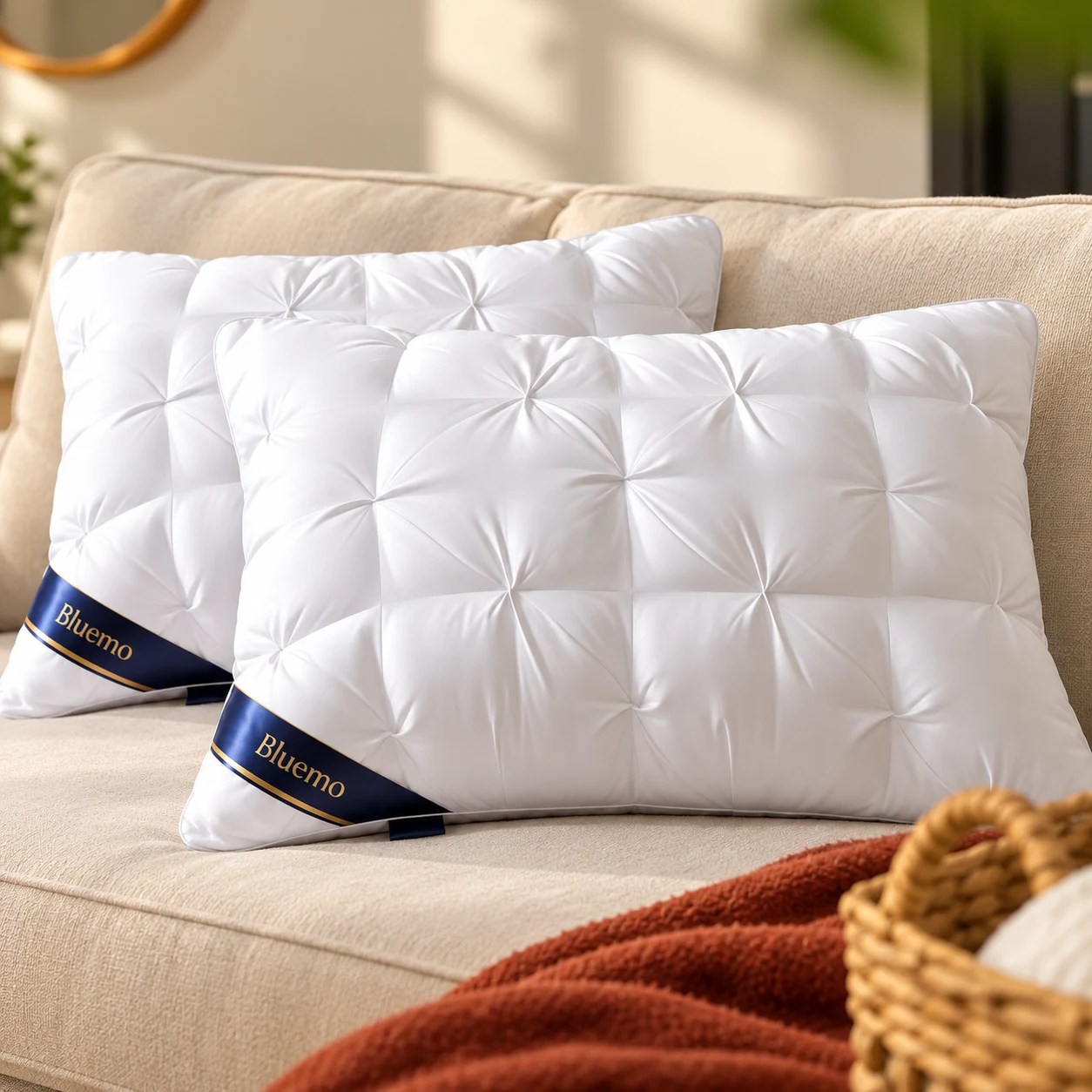 Styled Bluemo pillows on a cream sofa