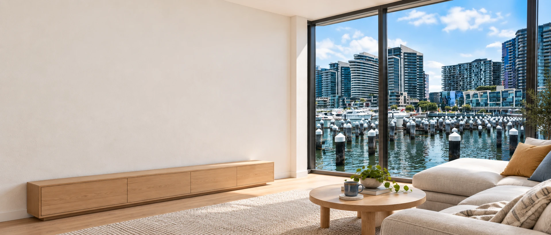 Illustrative apartment interior with an empty plaster wall, oak furniture and a Docklands marina view; AI composite, not an actual property